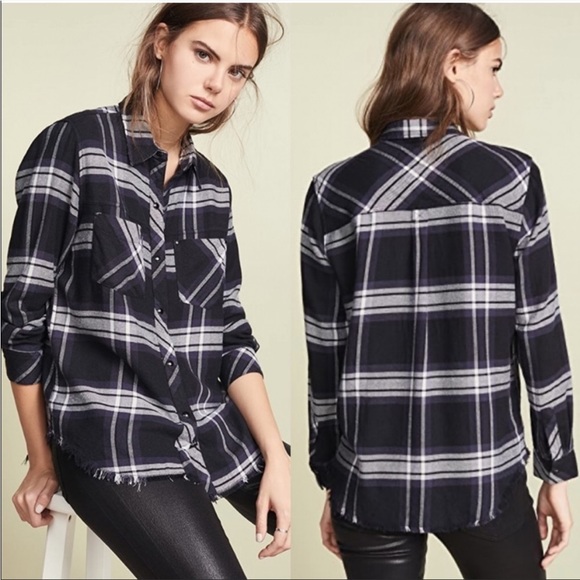 Rails Tops - Rails Leo Snap Down Plaid Shirt in Color Black Ash White with Frayed Hem